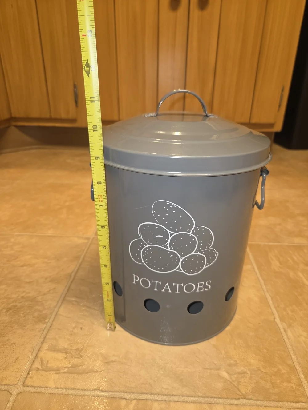 Gray Potato Storage Bin with Lid and Handles